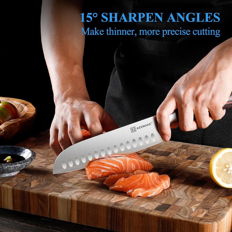 KEEMAKE Chef Santoku Knife - 7 Inch Ultra Sharp Kitchen Knife with Stainless Steel Blade for Cooking Meat Fruit Vegetable with Ergonomic Pakkawood Handle and Gift Box Included - Image 4